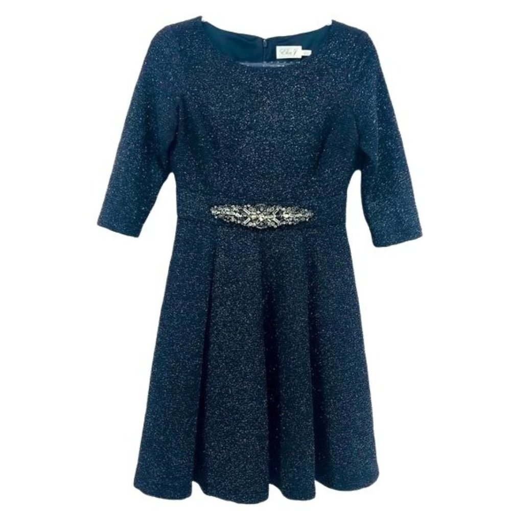 Eliza J Dress Womens 4 Black Belted Glitter Shimmer Midi Semi Formal Princess